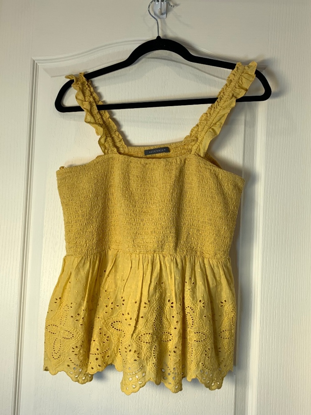 Boho Yellow Eyelet Peplum Top Size L – Smocked‎ Ruffle Straps Summer Cottagecore